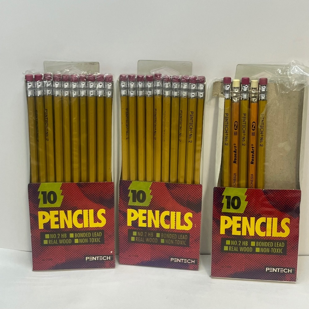 Vintage 93 Pentech No 2 HB‎ Pencils Lot of 30 Real Wood Yellow School Stationery